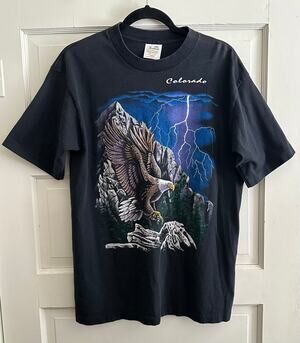 Vintage 90s Colorado Eagle T-Shirt Large Black Mountain Lightning Hazelwoods USA